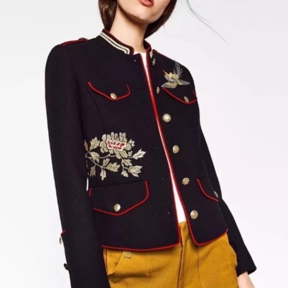 ZARA Black Embroidered Floral Bird Asian Print Military Jacket - Picture 2 of 16